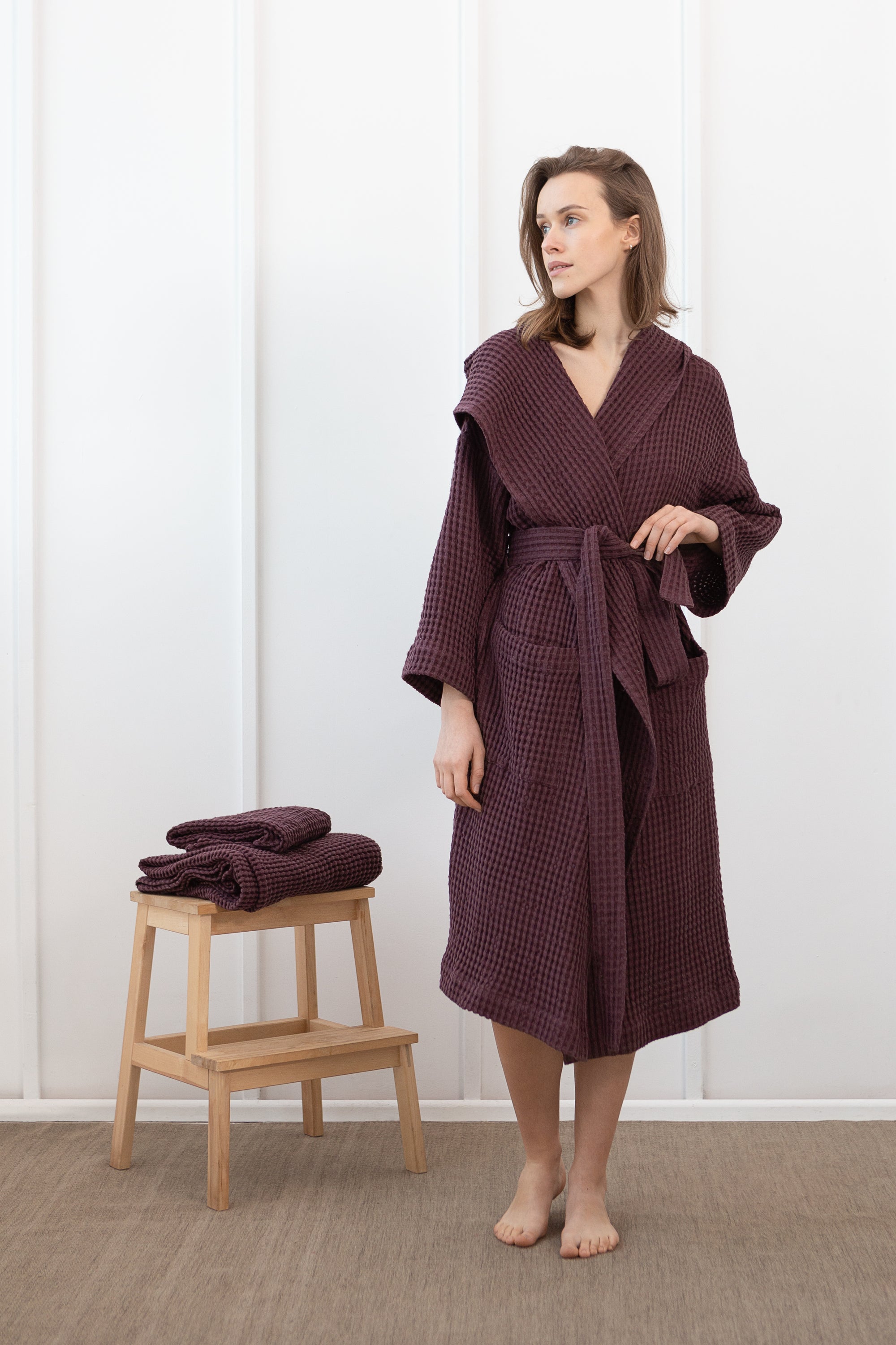 Plum Waffle Linen Hooded Robe