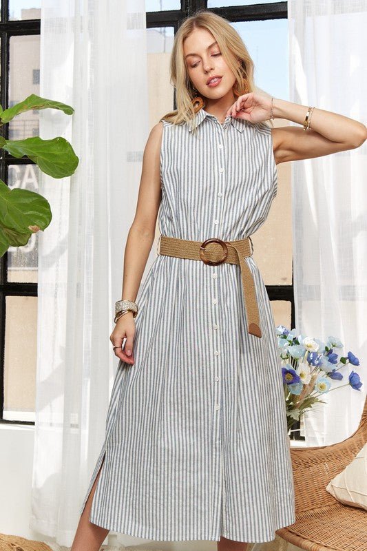 ADORA Striped Button Down Sleeveless Midi Dress - BlissfulBody.Boutique