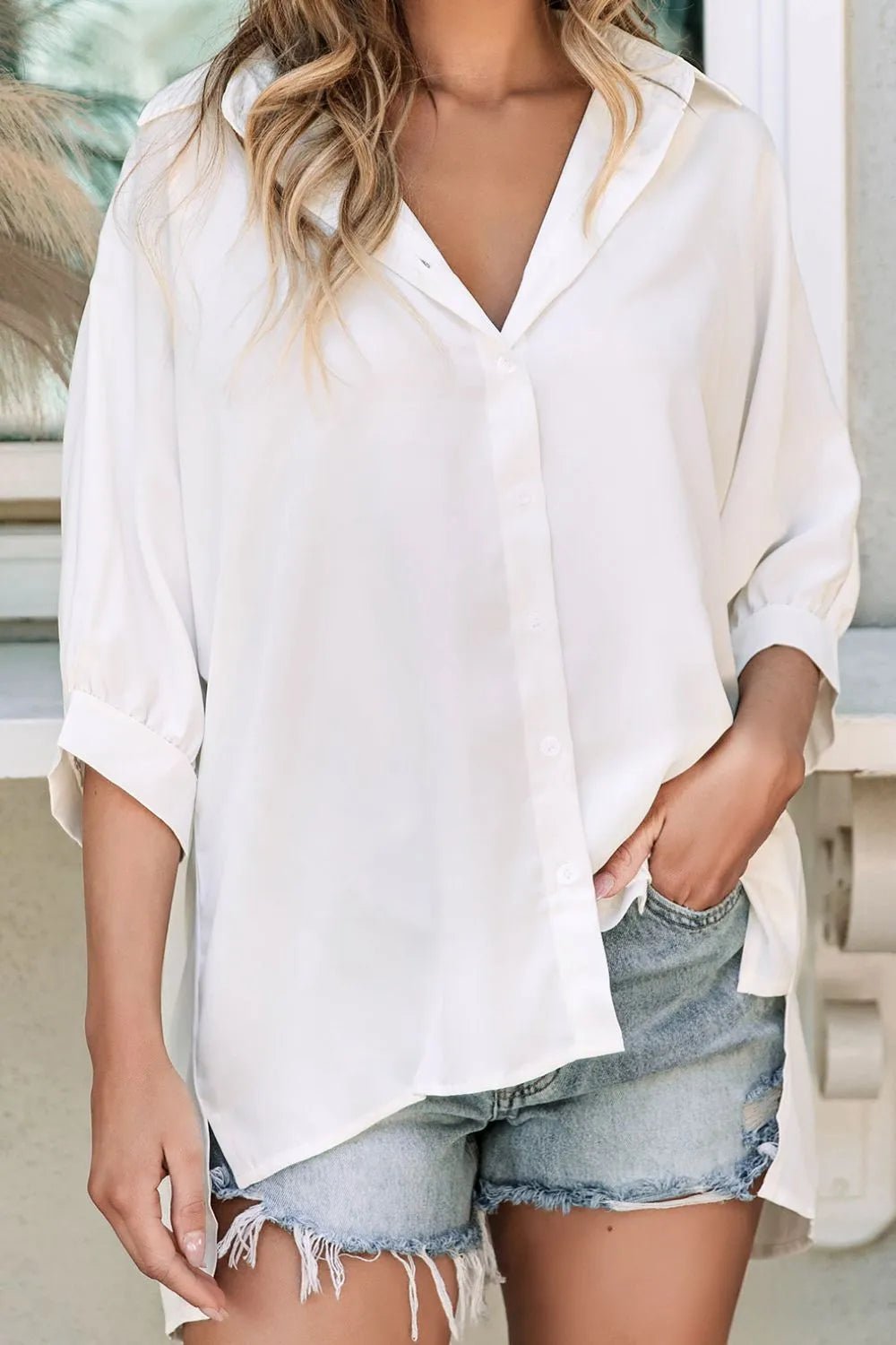 Collared Neck Three - Quarter Sleeve Shirt - BlissfulBody.Boutique