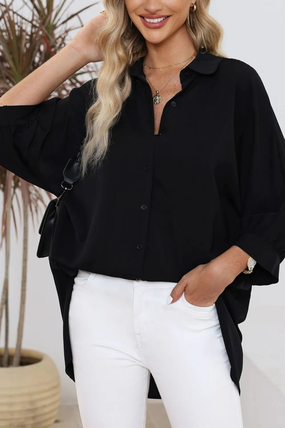 Collared Neck Three - Quarter Sleeve Shirt - BlissfulBody.Boutique