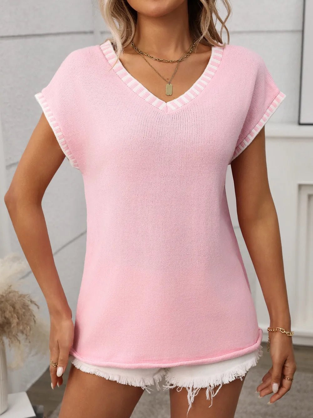 Contrast Trim V - Neck Short Sleeve Knit Top - BlissfulBody.Boutique