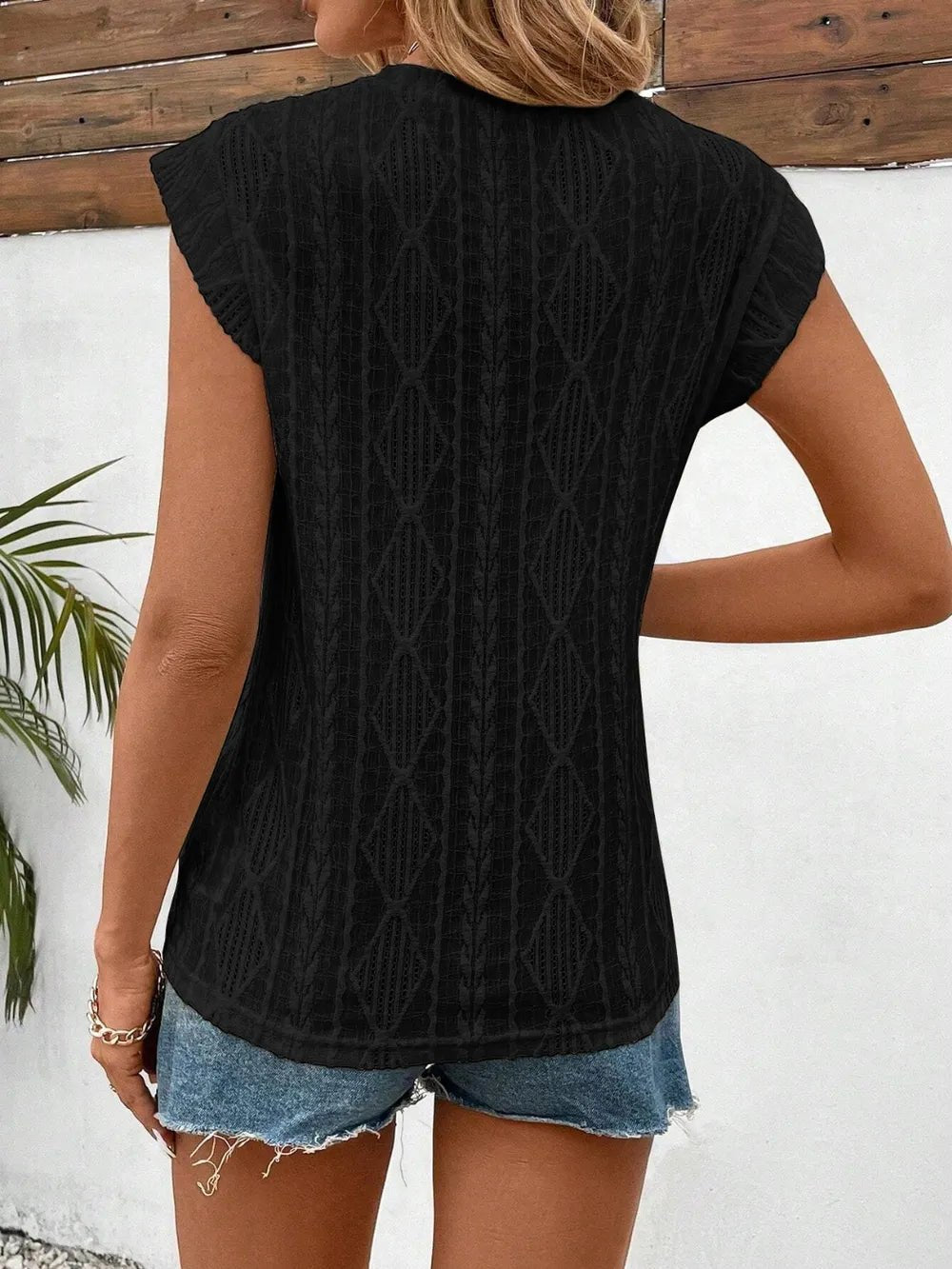 Eyelet Round Neck Cap Sleeve Top - BlissfulBody.Boutique