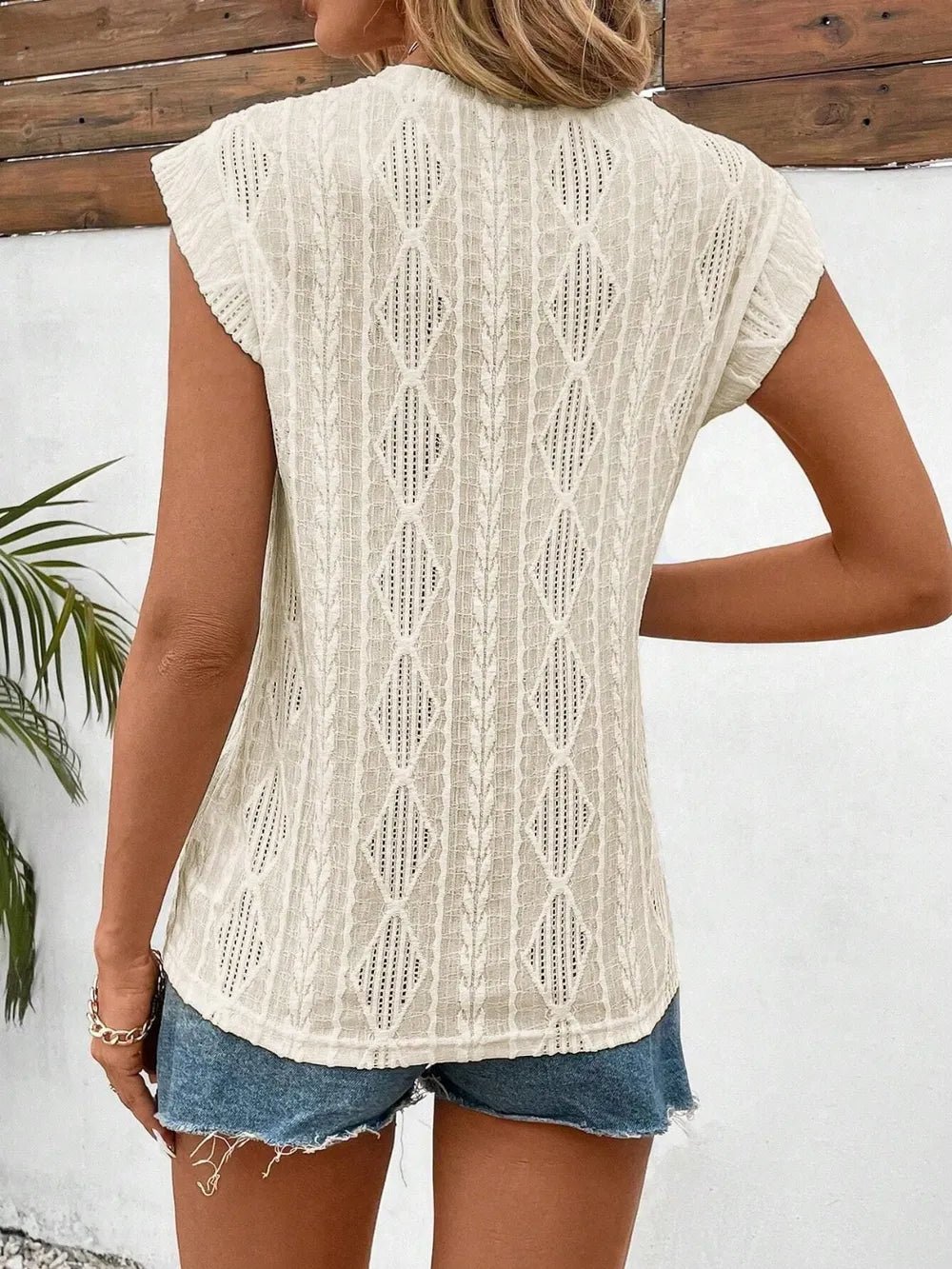 Eyelet Round Neck Cap Sleeve Top - BlissfulBody.Boutique