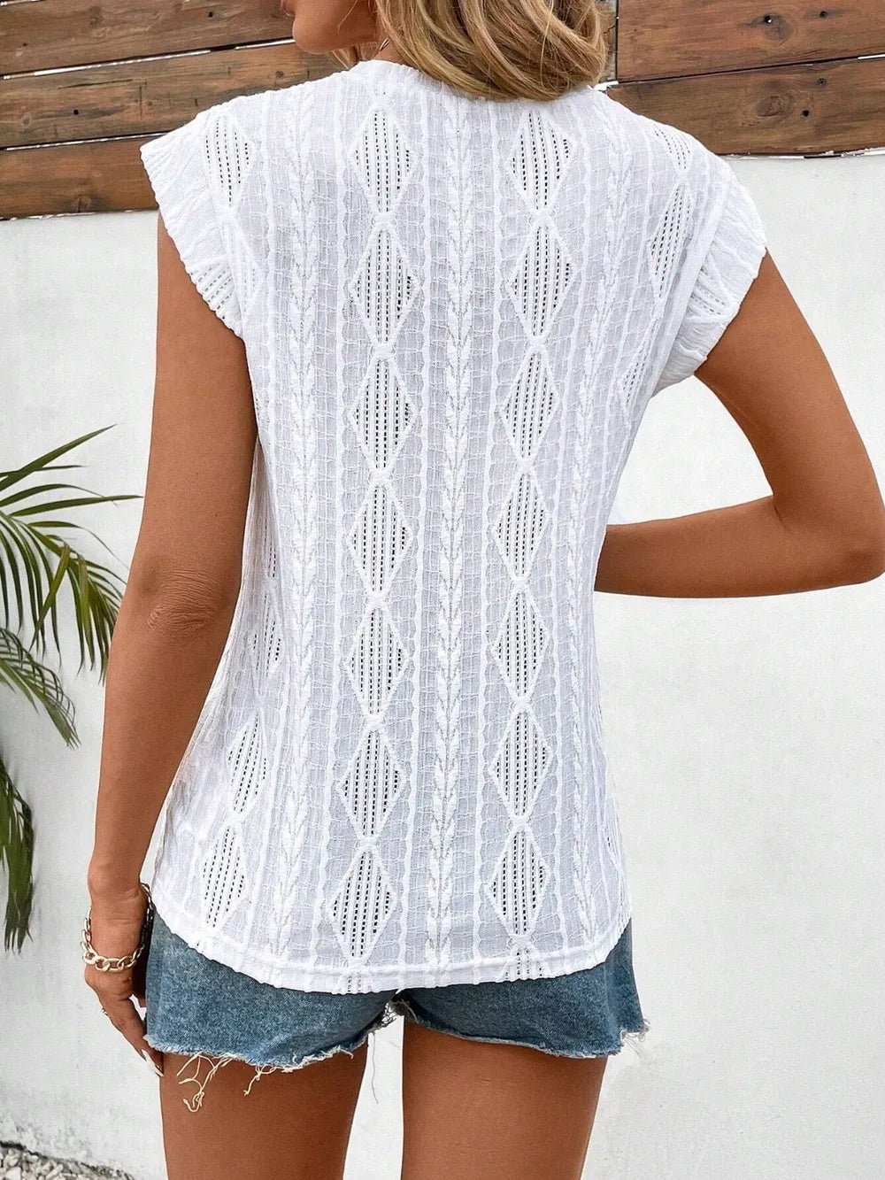 Eyelet Round Neck Cap Sleeve Top - BlissfulBody.Boutique