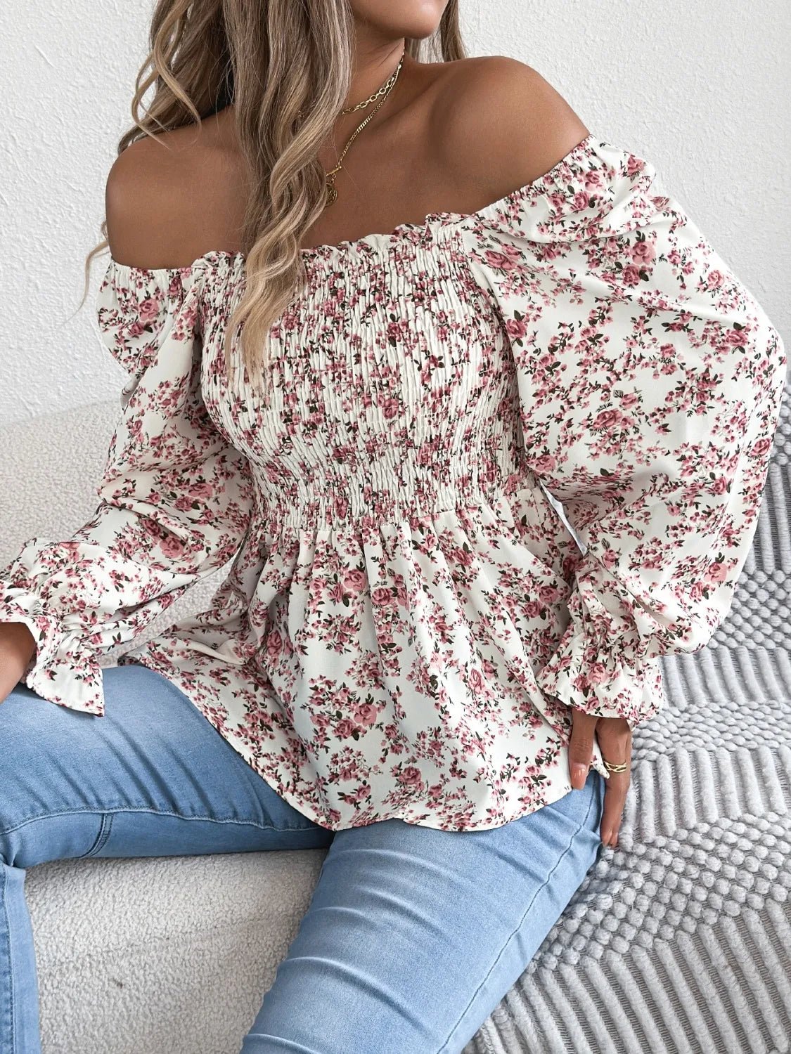 Floral Square Neck Flounce Sleeve Blouse - BlissfulBody.Boutique