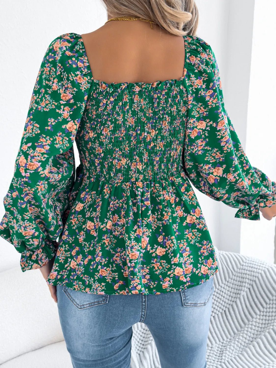Floral Square Neck Flounce Sleeve Blouse - BlissfulBody.Boutique