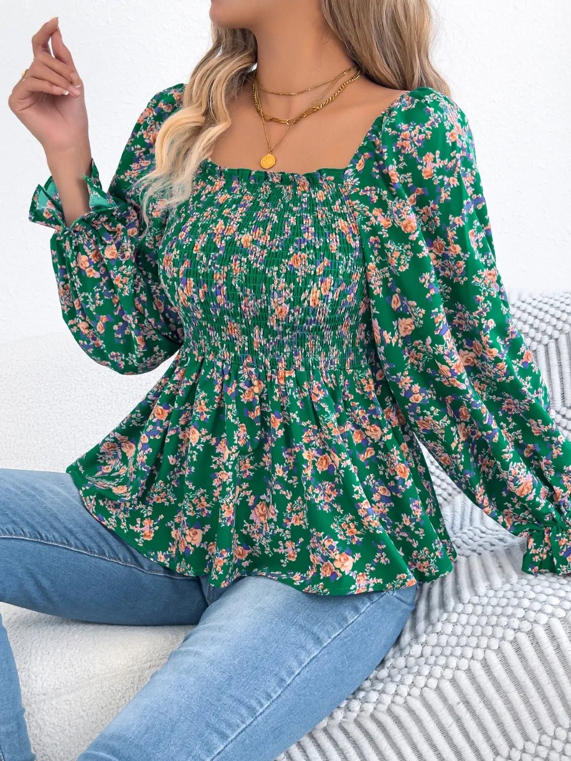 Floral Square Neck Flounce Sleeve Blouse - BlissfulBody.Boutique