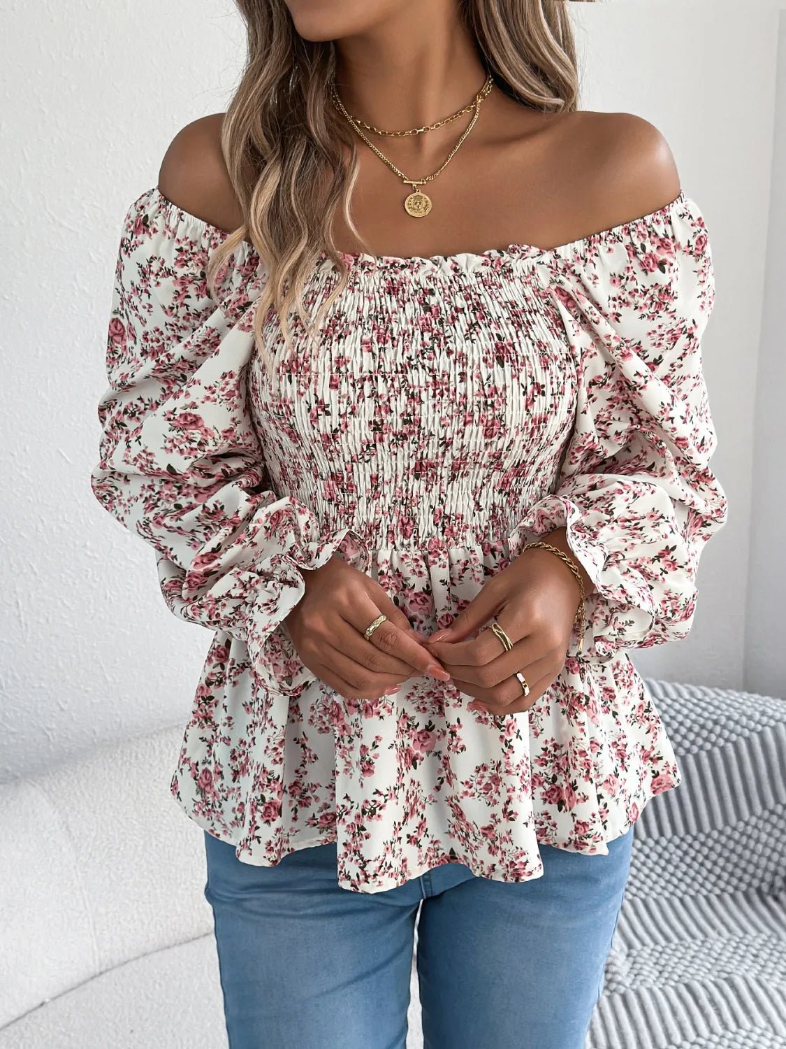 Floral Square Neck Flounce Sleeve Blouse - BlissfulBody.Boutique
