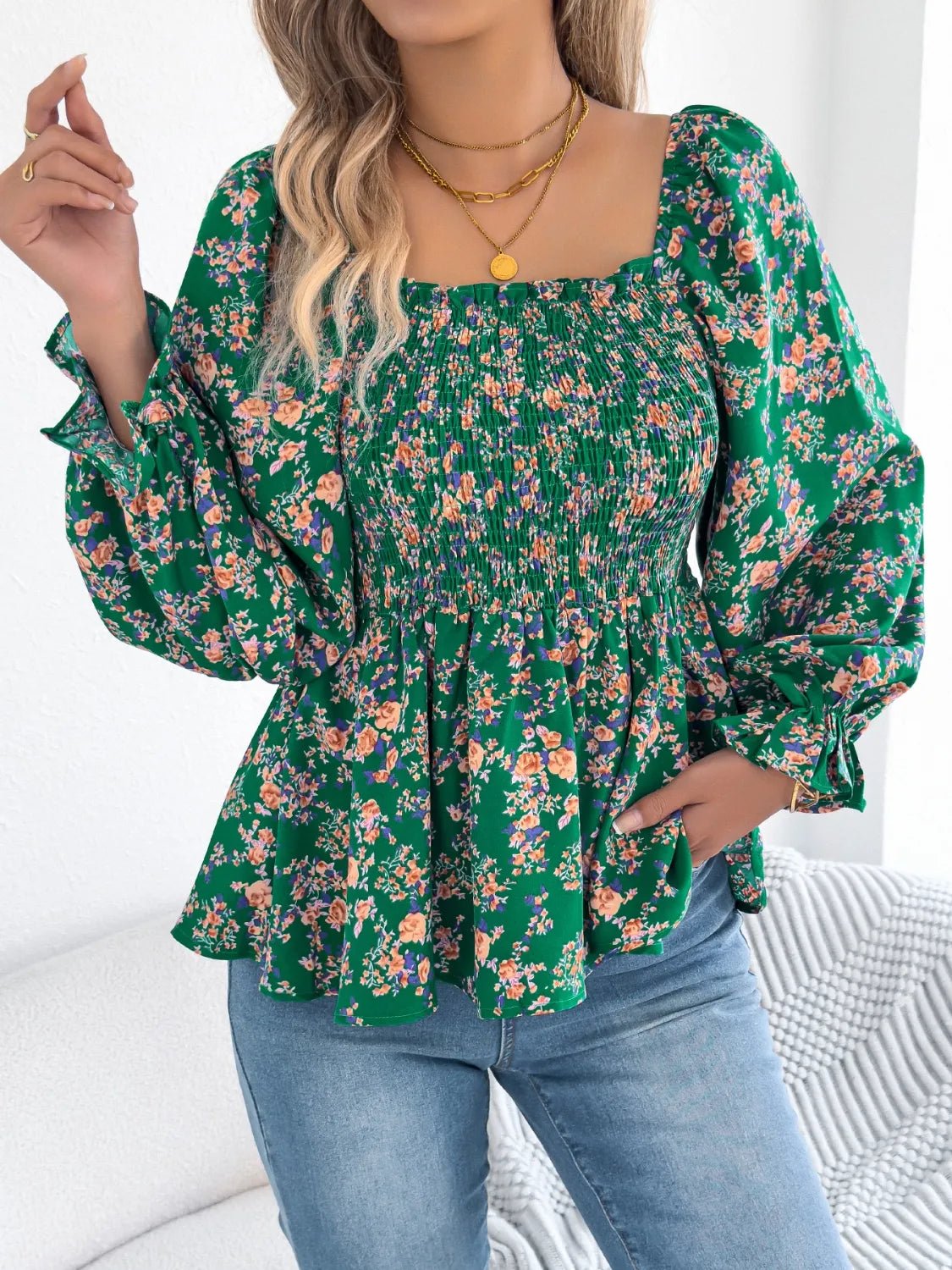 Floral Square Neck Flounce Sleeve Blouse - BlissfulBody.Boutique