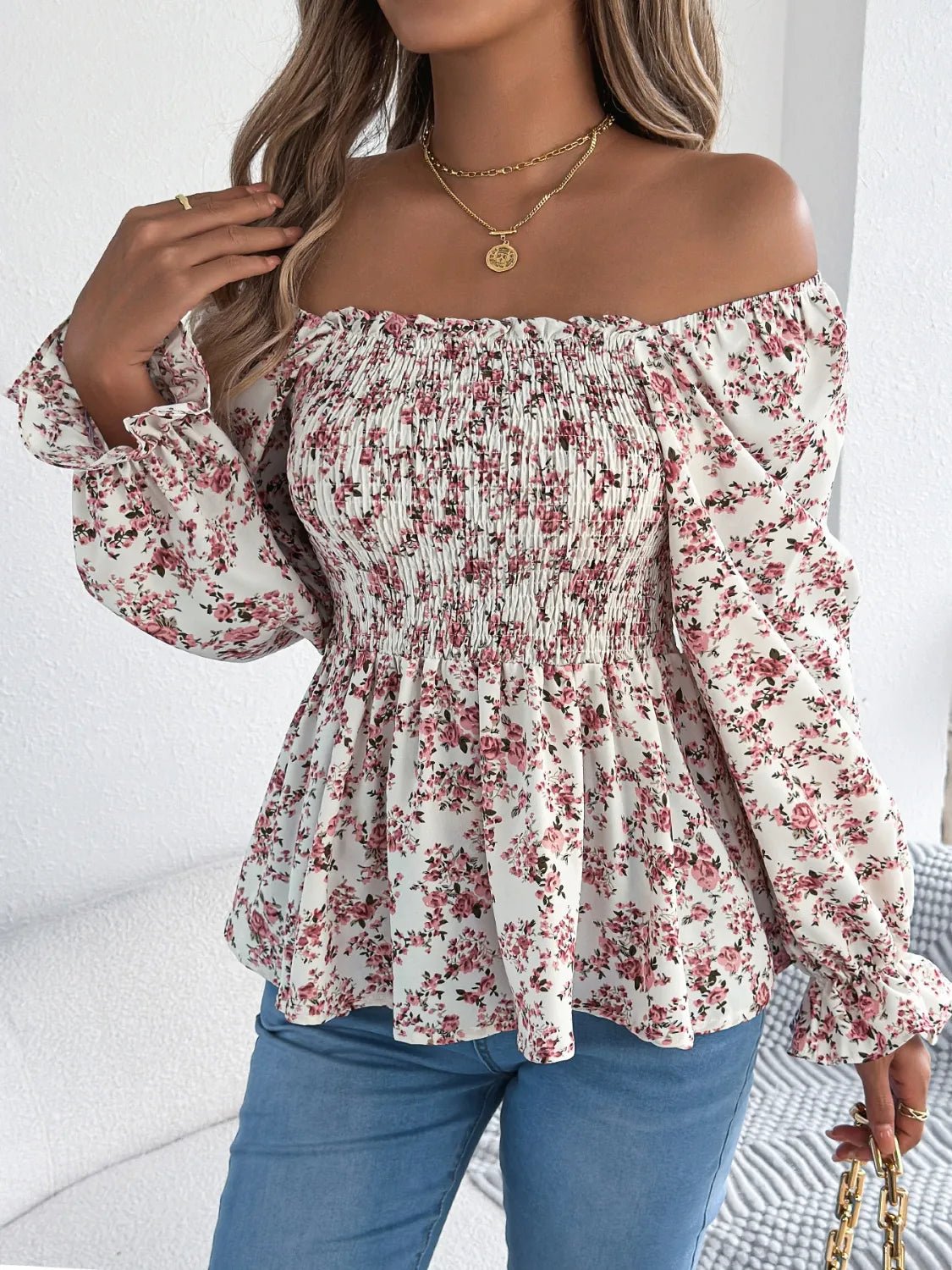 Floral Square Neck Flounce Sleeve Blouse - BlissfulBody.Boutique