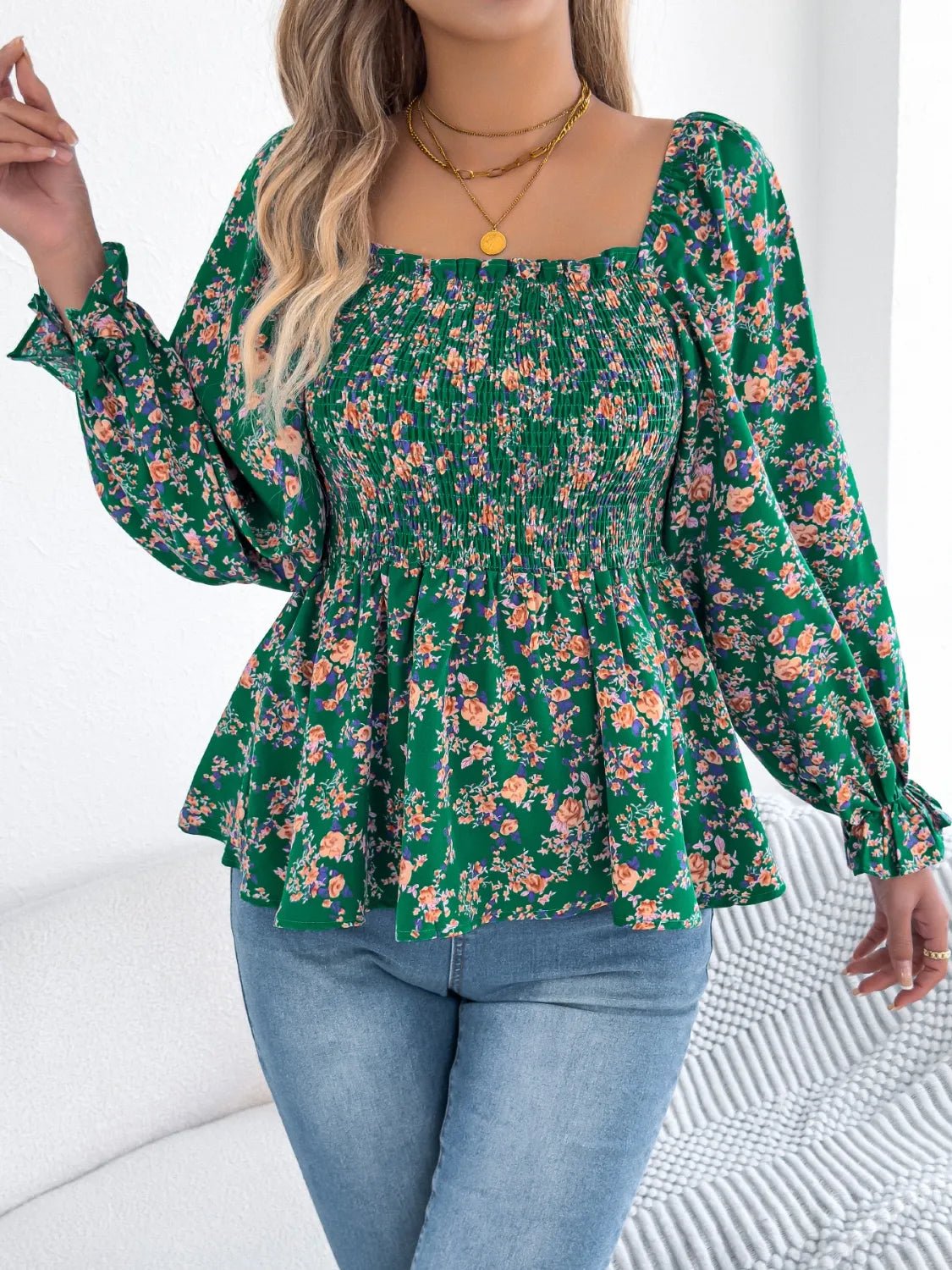 Floral Square Neck Flounce Sleeve Blouse - BlissfulBody.Boutique