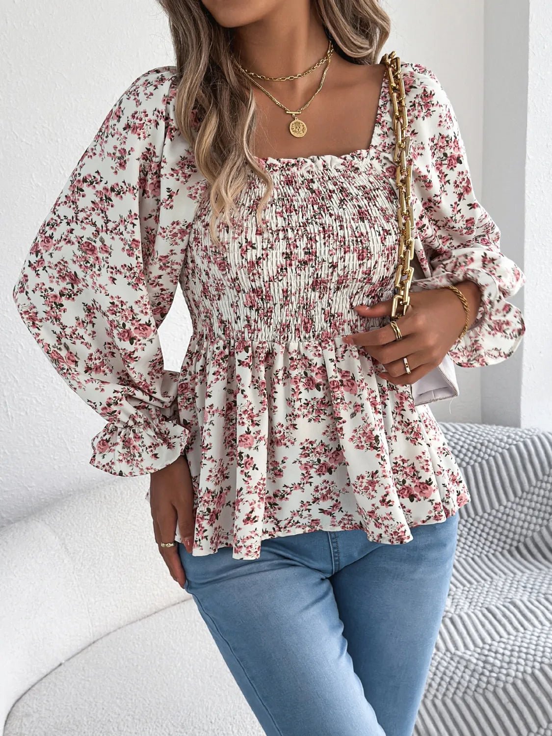 Floral Square Neck Flounce Sleeve Blouse - BlissfulBody.Boutique
