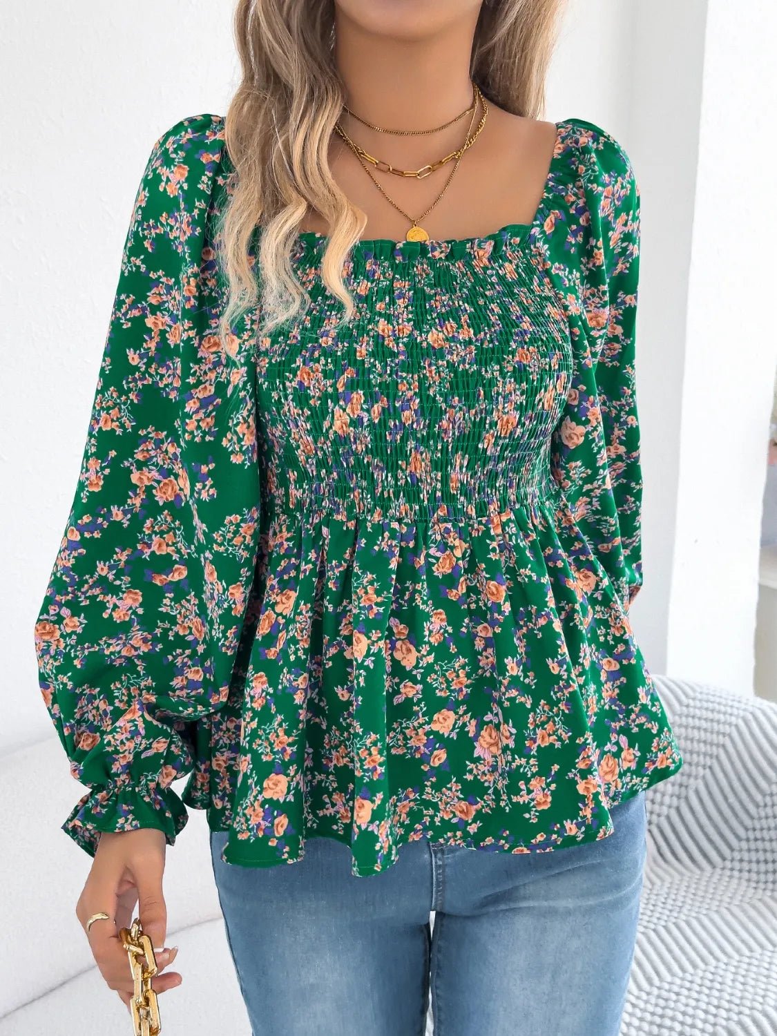 Floral Square Neck Flounce Sleeve Blouse - BlissfulBody.Boutique