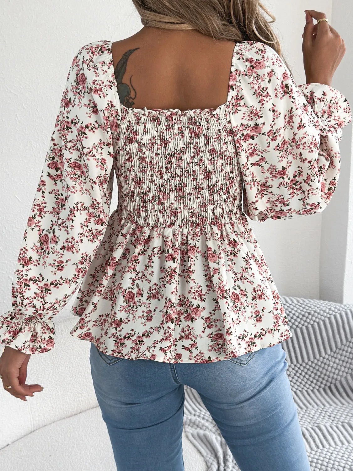 Floral Square Neck Flounce Sleeve Blouse - BlissfulBody.Boutique