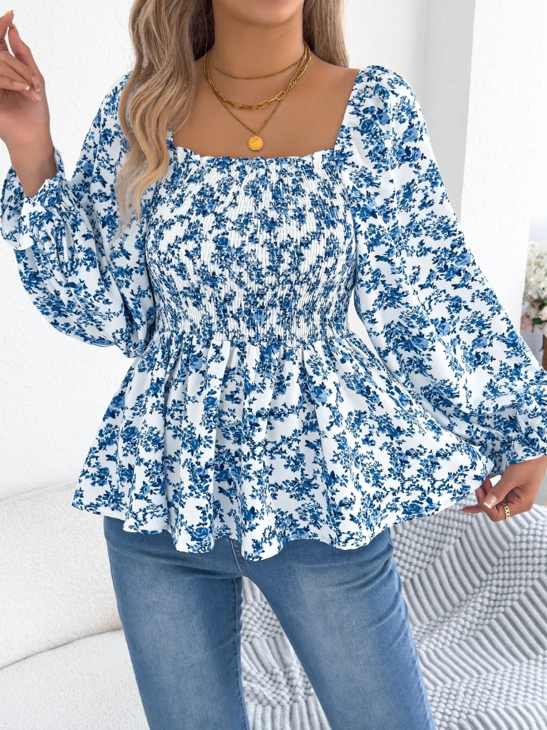 Floral Square Neck Flounce Sleeve Blouse - BlissfulBody.Boutique