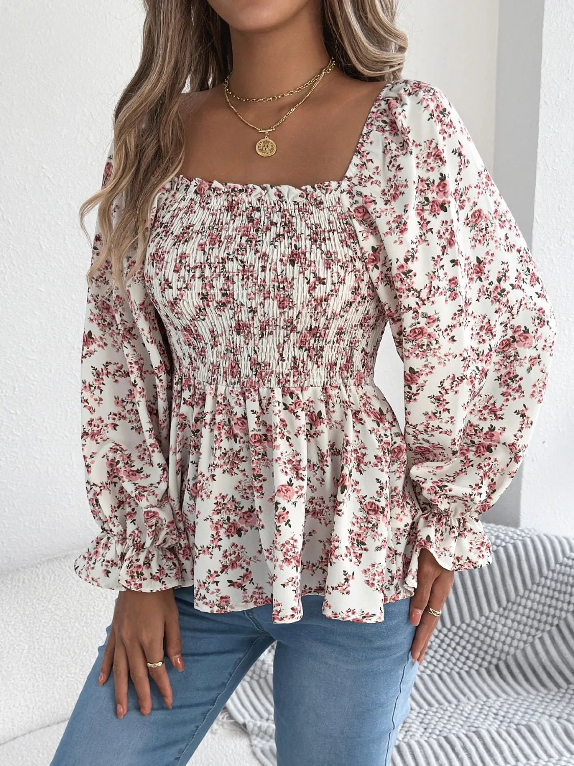Floral Square Neck Flounce Sleeve Blouse - BlissfulBody.Boutique