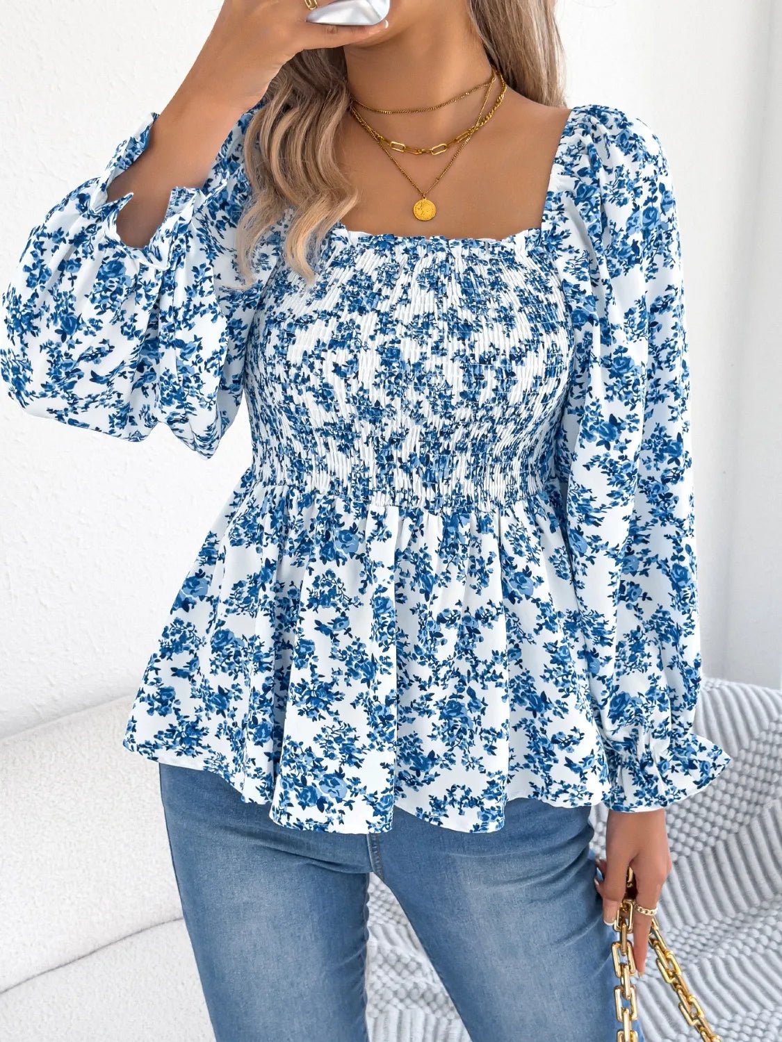 Floral Square Neck Flounce Sleeve Blouse - BlissfulBody.Boutique