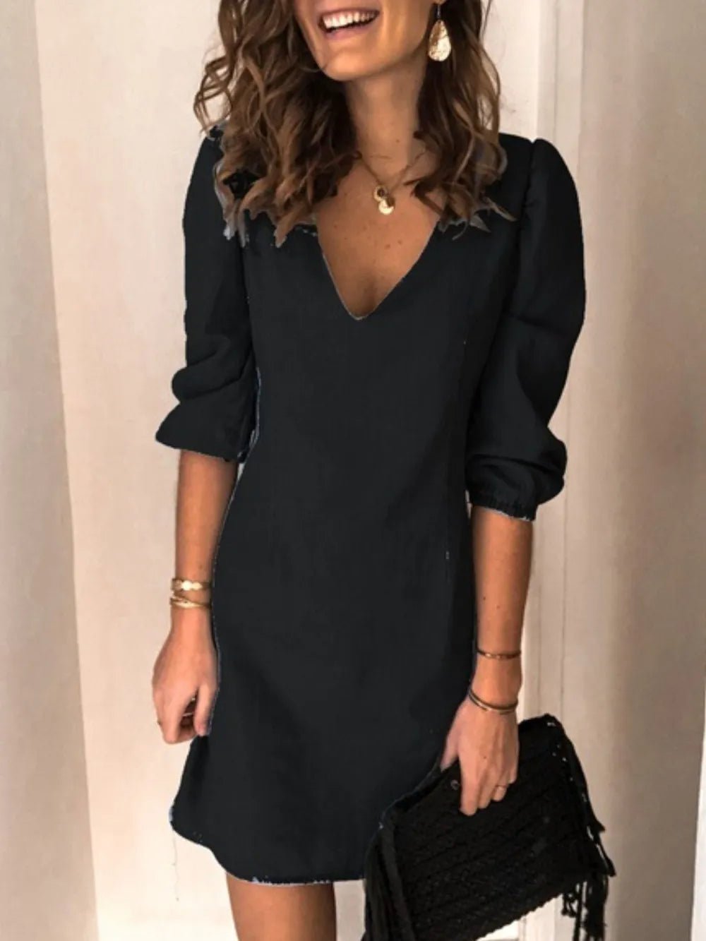 Full Size V - Neck Half Sleeve Dress - BlissfulBody.Boutique