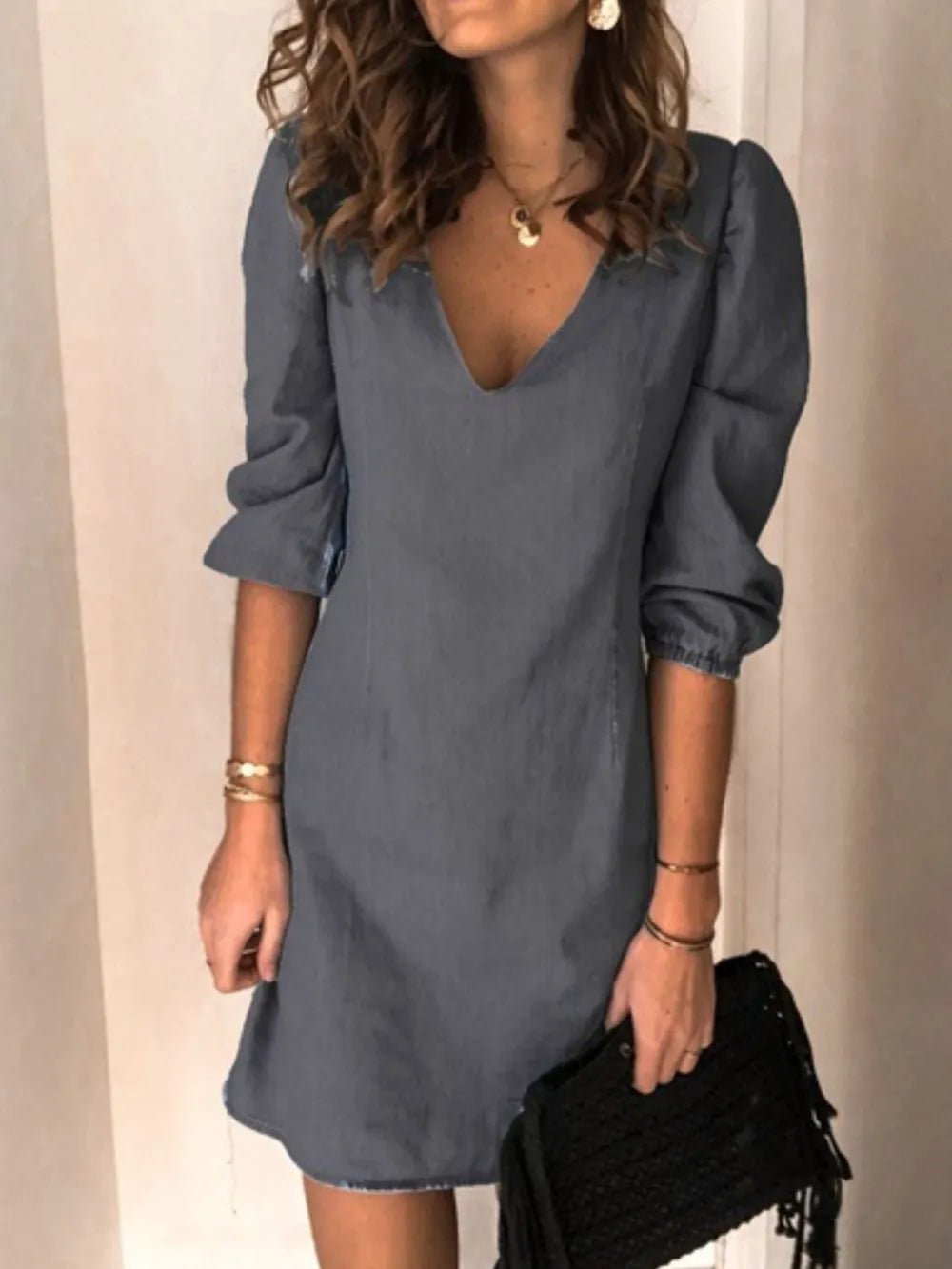 Full Size V - Neck Half Sleeve Dress - BlissfulBody.Boutique