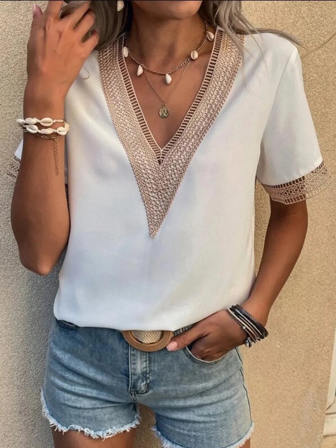 Full Size V - Neck Short Sleeve Blouse Plus Size - BlissfulBody.Boutique