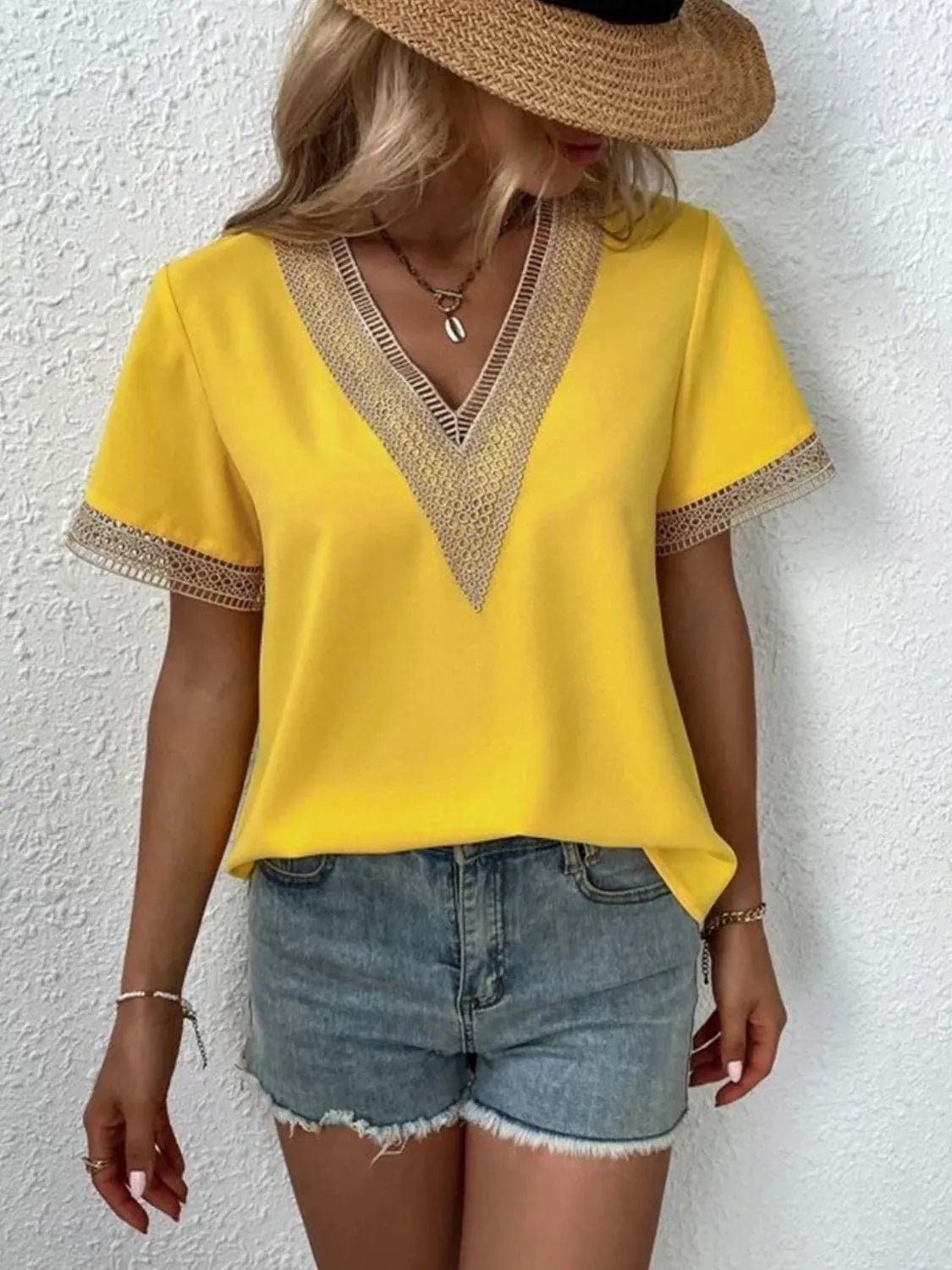 Full Size V - Neck Short Sleeve Blouse Plus Size - BlissfulBody.Boutique