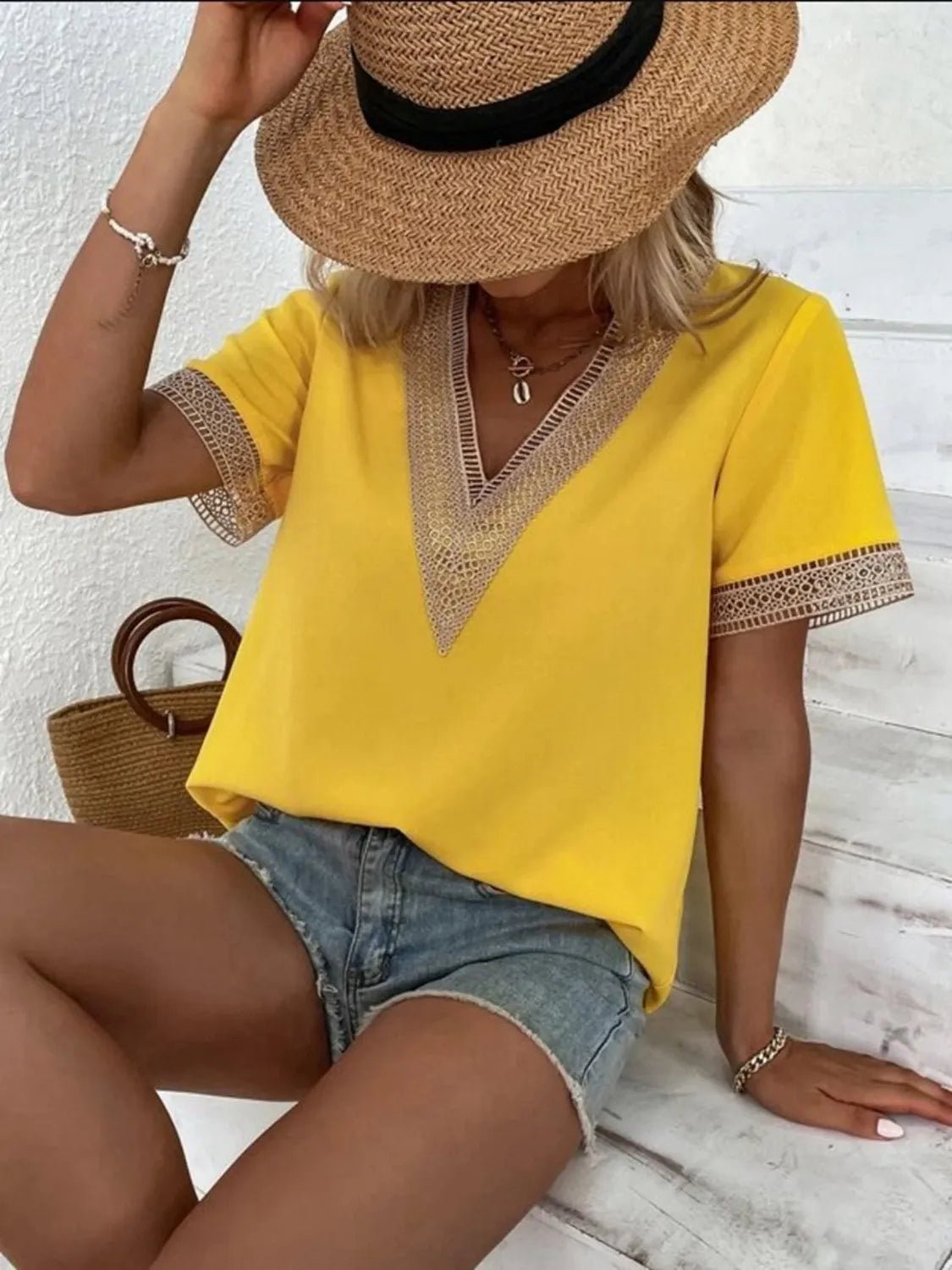 Full Size V - Neck Short Sleeve Blouse Plus Size - BlissfulBody.Boutique