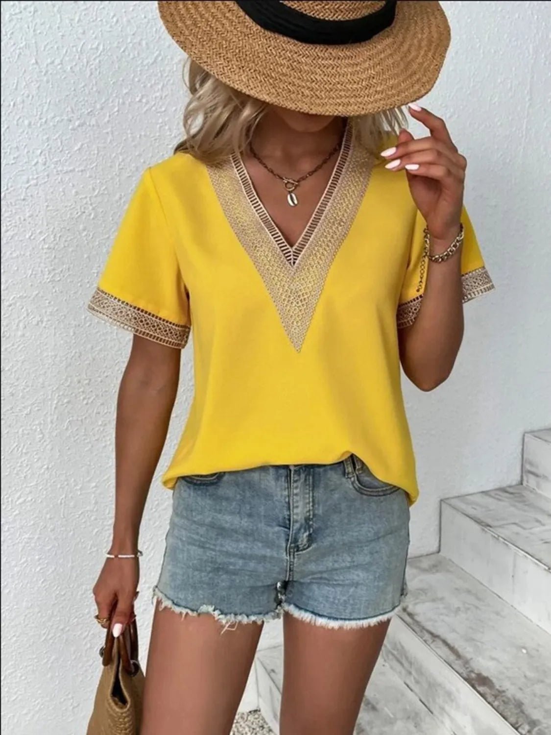 Full Size V - Neck Short Sleeve Blouse Plus Size - BlissfulBody.Boutique