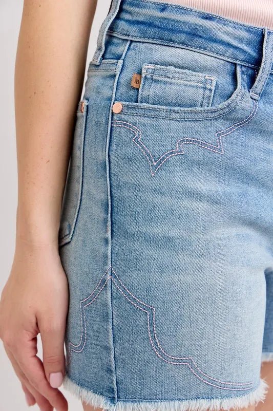 Judy Blue Full Size High Waist Western Embroidery Detail Cut Off Denim Shorts Plus Size - BlissfulBody.Boutique