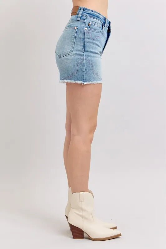 Judy Blue Full Size High Waist Western Embroidery Detail Cut Off Denim Shorts Plus Size - BlissfulBody.Boutique