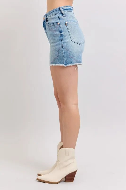 Judy Blue Full Size High Waist Western Embroidery Detail Cut Off Denim Shorts Plus Size - BlissfulBody.Boutique
