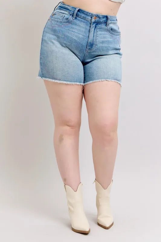 Judy Blue Full Size High Waist Western Embroidery Detail Cut Off Denim Shorts Plus Size - BlissfulBody.Boutique