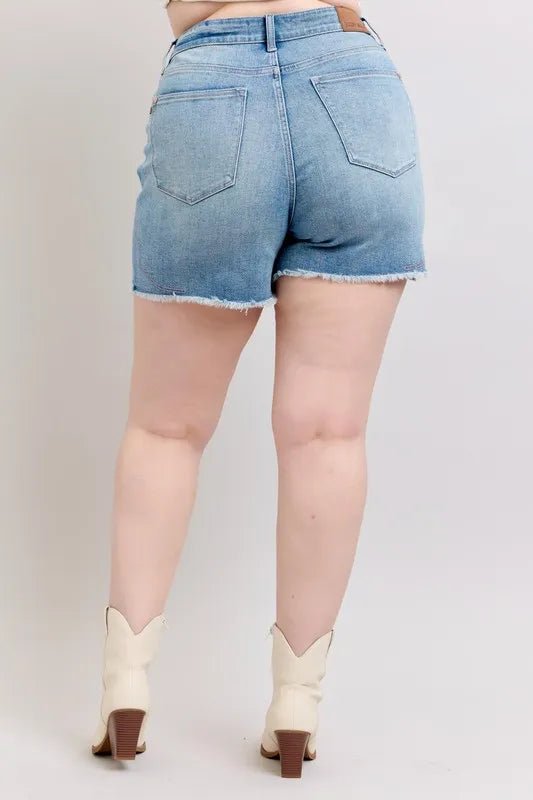 Judy Blue Full Size High Waist Western Embroidery Detail Cut Off Denim Shorts Plus Size - BlissfulBody.Boutique
