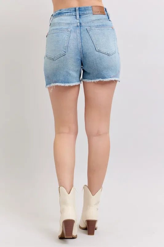 Judy Blue Full Size High Waist Western Embroidery Detail Cut Off Denim Shorts Plus Size - BlissfulBody.Boutique