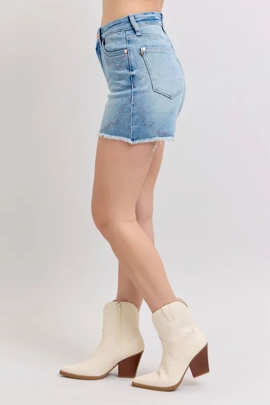 Judy Blue Full Size High Waist Western Embroidery Detail Cut Off Denim Shorts Plus Size - BlissfulBody.Boutique