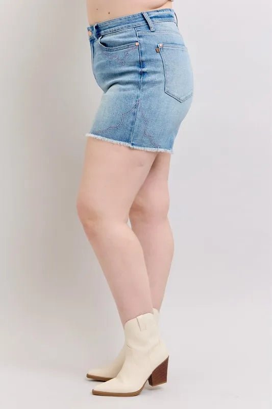 Judy Blue Full Size High Waist Western Embroidery Detail Cut Off Denim Shorts Plus Size - BlissfulBody.Boutique