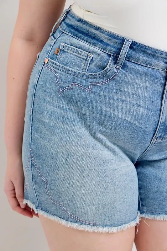 Judy Blue Full Size High Waist Western Embroidery Detail Cut Off Denim Shorts Plus Size - BlissfulBody.Boutique