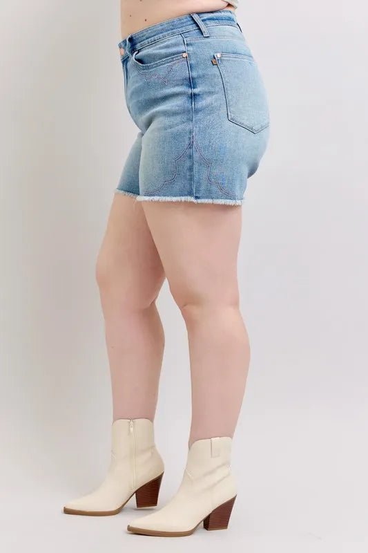 Judy Blue Full Size High Waist Western Embroidery Detail Cut Off Denim Shorts Plus Size - BlissfulBody.Boutique