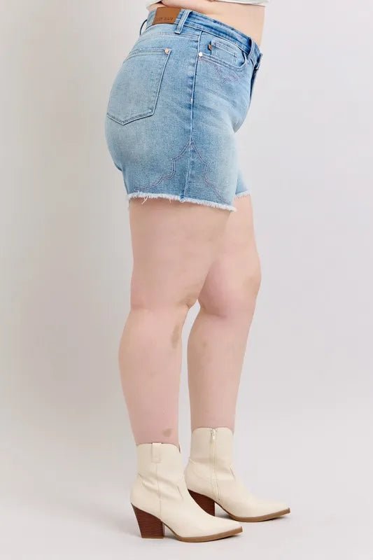 Judy Blue Full Size High Waist Western Embroidery Detail Cut Off Denim Shorts Plus Size - BlissfulBody.Boutique