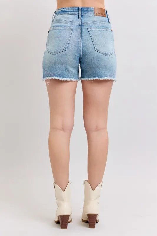 Judy Blue Full Size High Waist Western Embroidery Detail Cut Off Denim Shorts Plus Size - BlissfulBody.Boutique