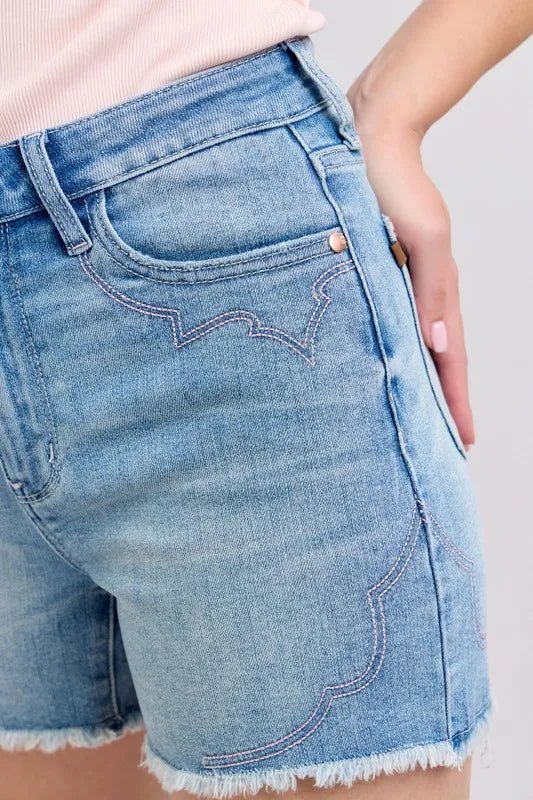 Judy Blue Full Size High Waist Western Embroidery Detail Cut Off Denim Shorts Plus Size - BlissfulBody.Boutique