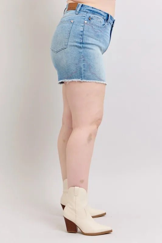 Judy Blue Full Size High Waist Western Embroidery Detail Cut Off Denim Shorts Plus Size - BlissfulBody.Boutique