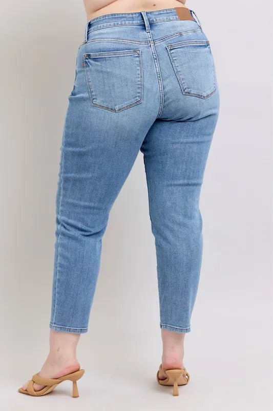 Judy Blue Full Size Mid Rise Vintage Wash Slim Jeans with Cell Phone Pocket Plus Size - BlissfulBody.Boutique