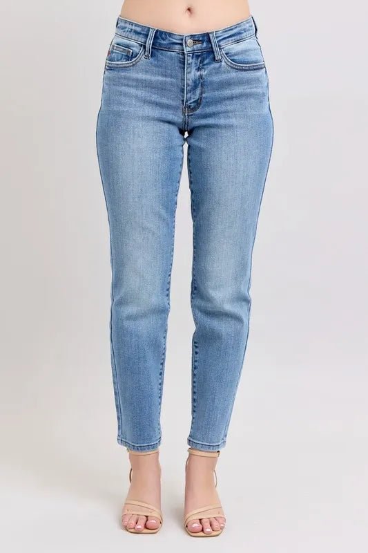 Judy Blue Full Size Mid Rise Vintage Wash Slim Jeans with Cell Phone Pocket Plus Size - BlissfulBody.Boutique