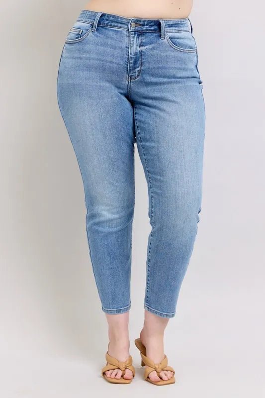 Judy Blue Full Size Mid Rise Vintage Wash Slim Jeans with Cell Phone Pocket Plus Size - BlissfulBody.Boutique