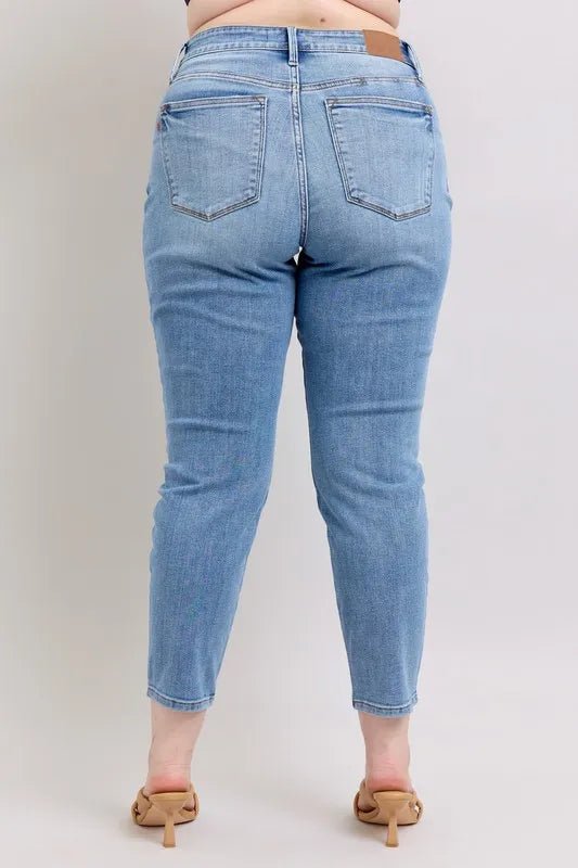 Judy Blue Full Size Mid Rise Vintage Wash Slim Jeans with Cell Phone Pocket Plus Size - BlissfulBody.Boutique