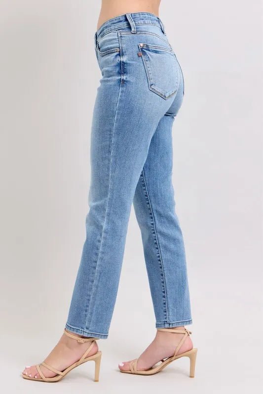 Judy Blue Full Size Mid Rise Vintage Wash Slim Jeans with Cell Phone Pocket Plus Size - BlissfulBody.Boutique