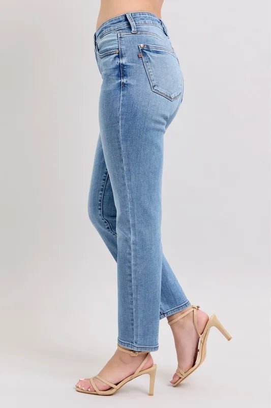 Judy Blue Full Size Mid Rise Vintage Wash Slim Jeans with Cell Phone Pocket Plus Size - BlissfulBody.Boutique
