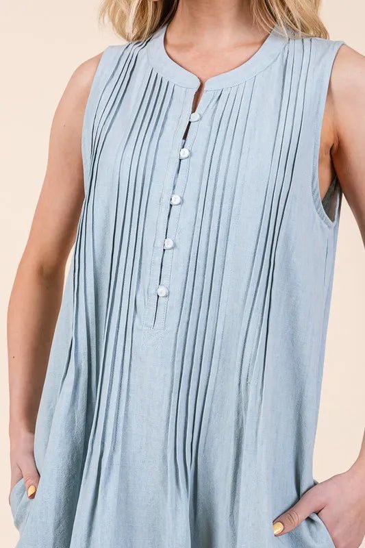 Lime 'N' Chili Denim Pintuck Detail Sleeveless Midi Dress - BlissfulBody.Boutique