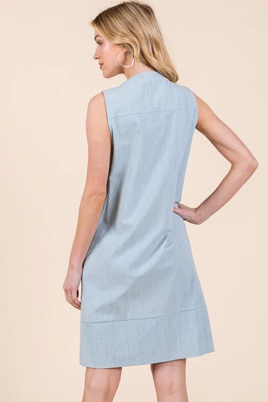 Lime 'N' Chili Denim Pintuck Detail Sleeveless Midi Dress - BlissfulBody.Boutique