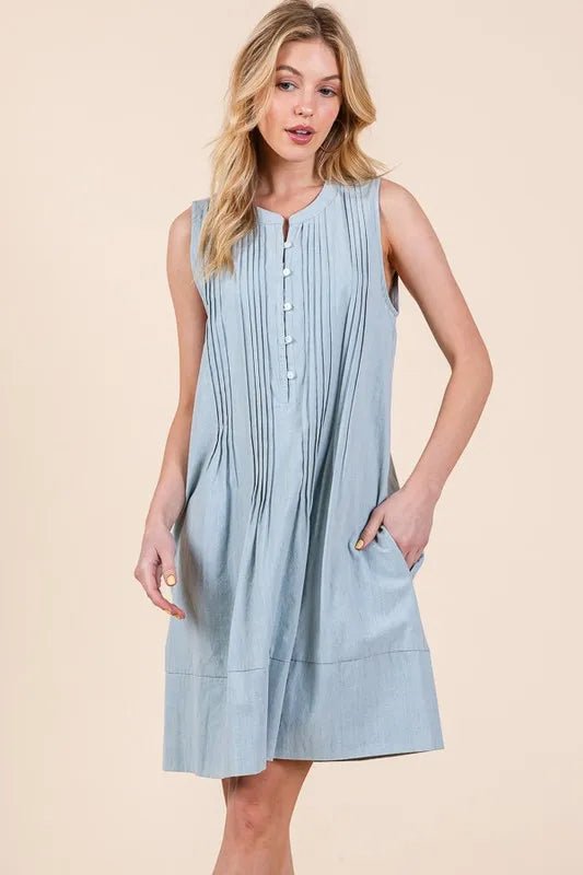 Lime 'N' Chili Denim Pintuck Detail Sleeveless Midi Dress - BlissfulBody.Boutique